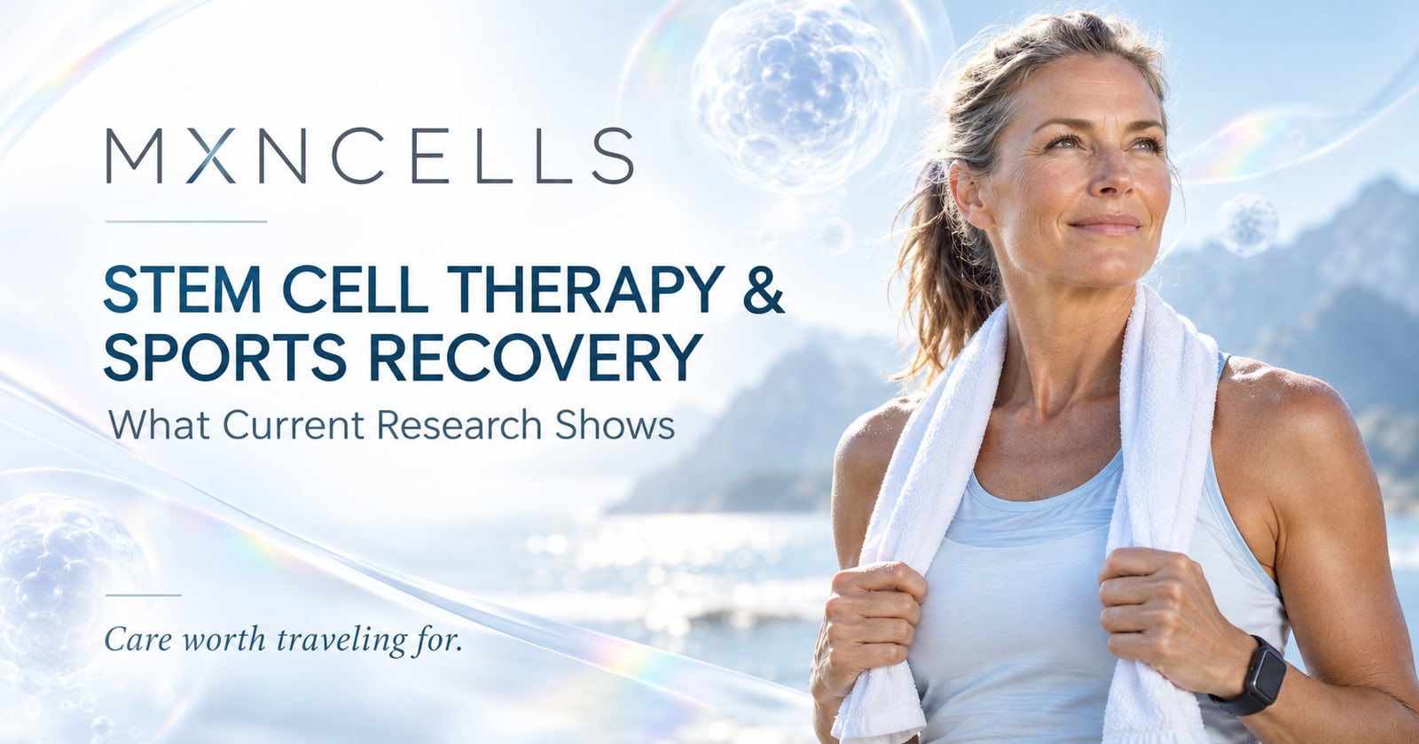 A woman with a towel around her shoulders after exercising, beside the MXNCELLS wordmark and the title Stem Cell Therapy and Sports Recovery