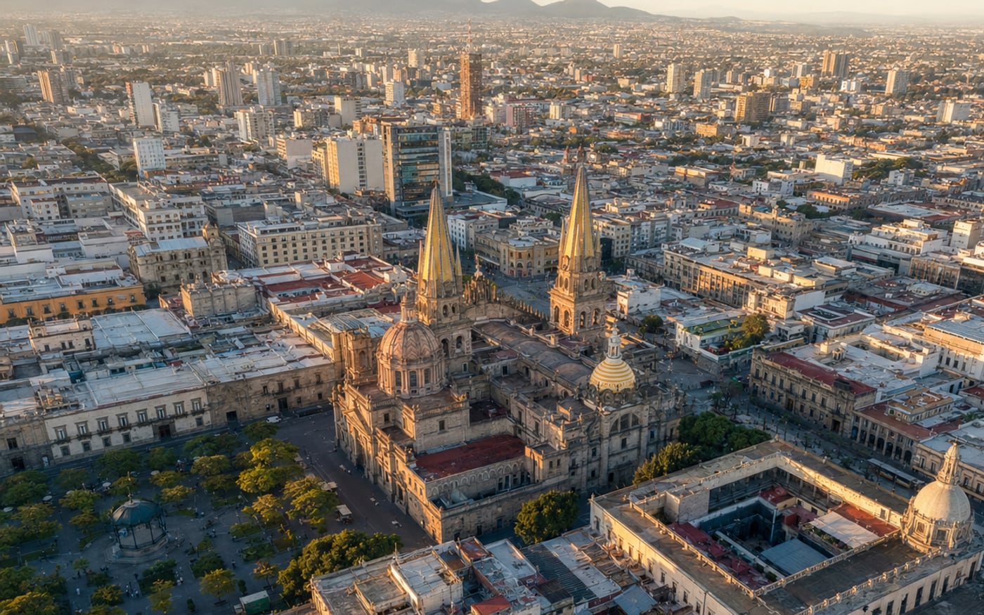 Aerial view of Guadalajara Cathedral and the Plaza de Armas at golden hour, the city and mountains behind